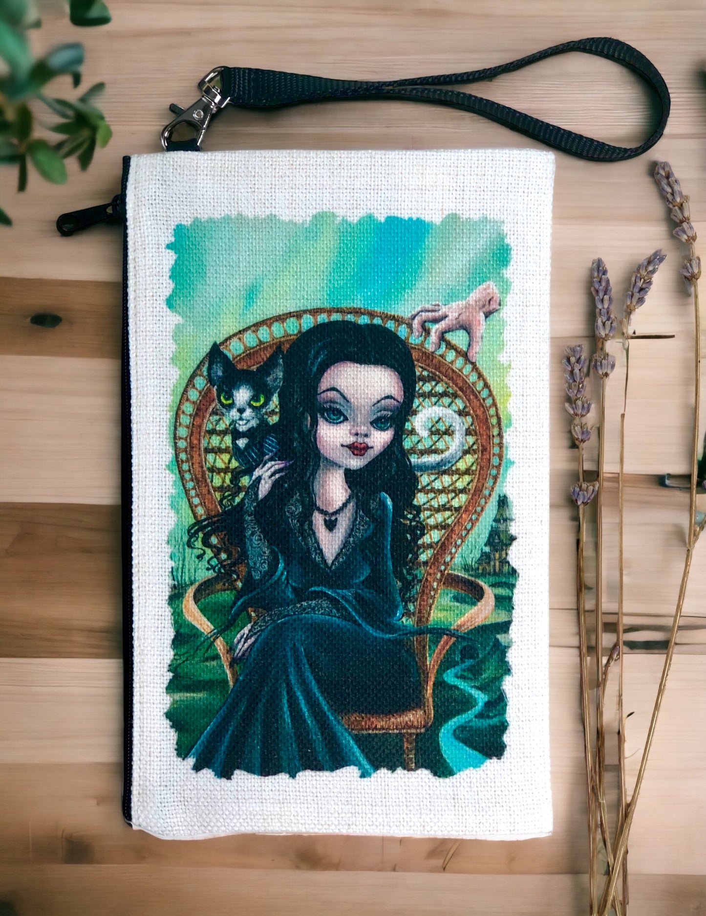 Linen Wallet "Morticia and Her Cat Gomez"