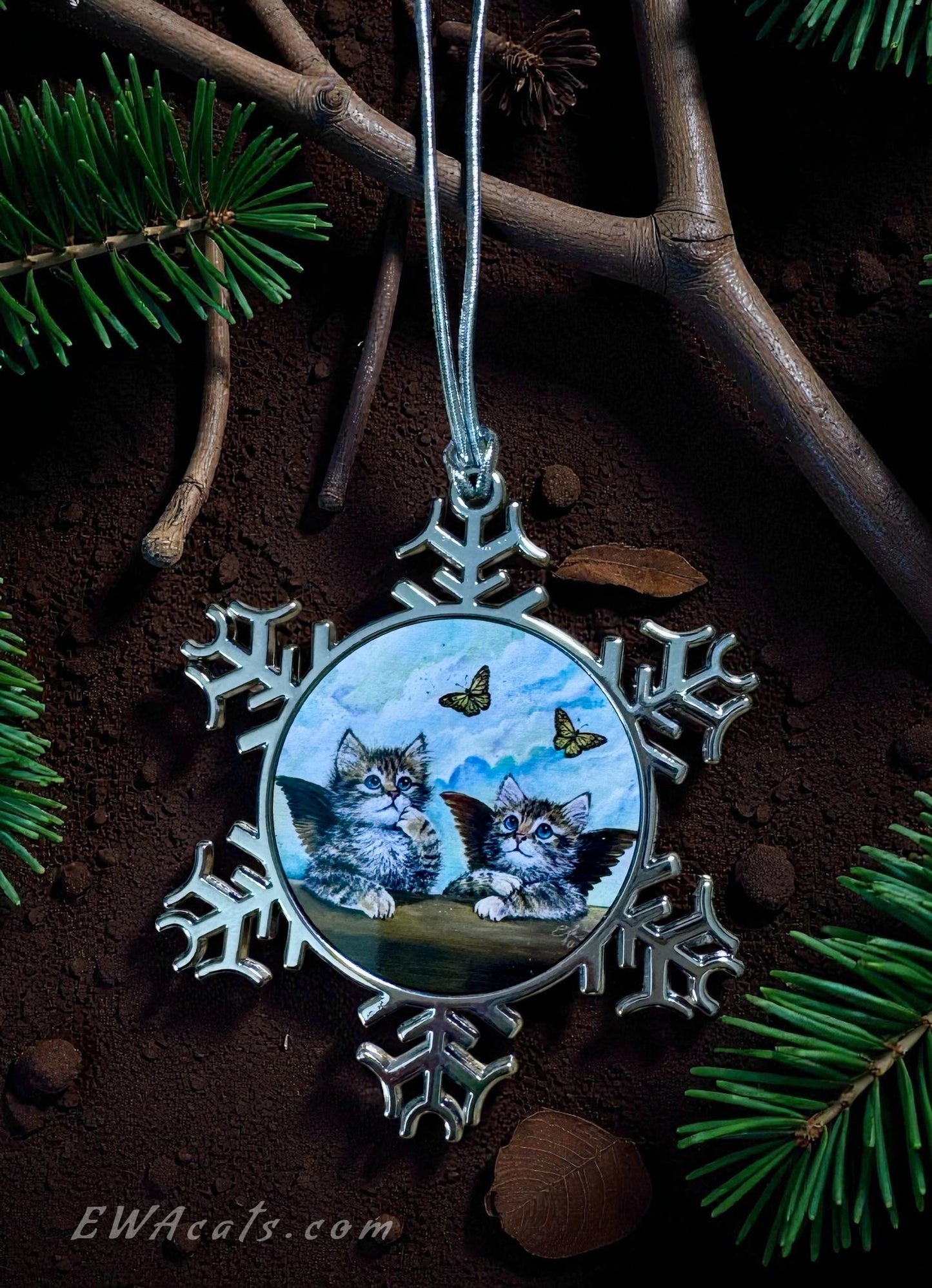 ORNAMENT 3"x 3" Silver Snowflake "The Sistine Kittens" (Image on both sides)