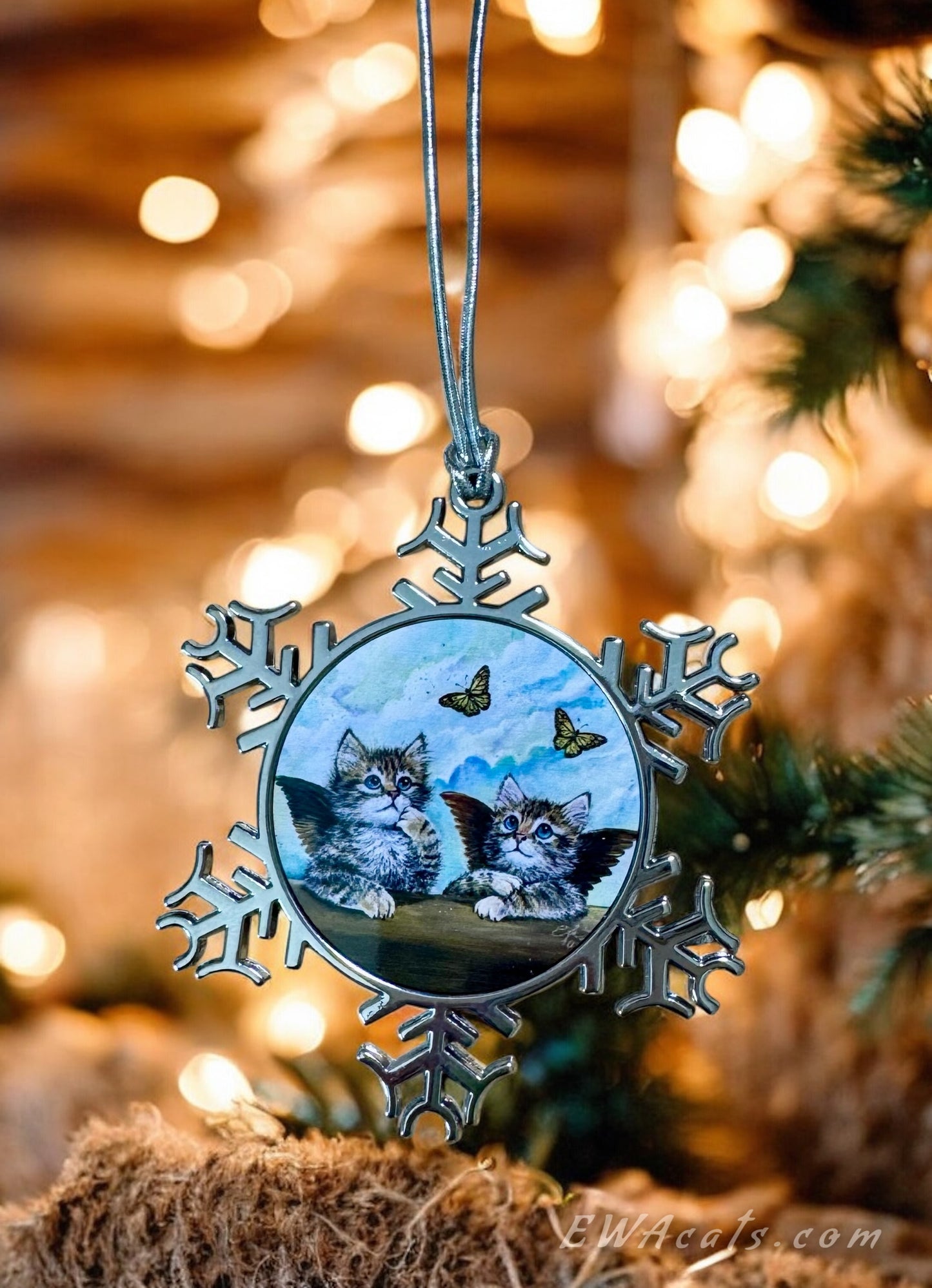 ORNAMENT 3"x 3" Silver Snowflake "The Sistine Kittens" (Image on both sides)