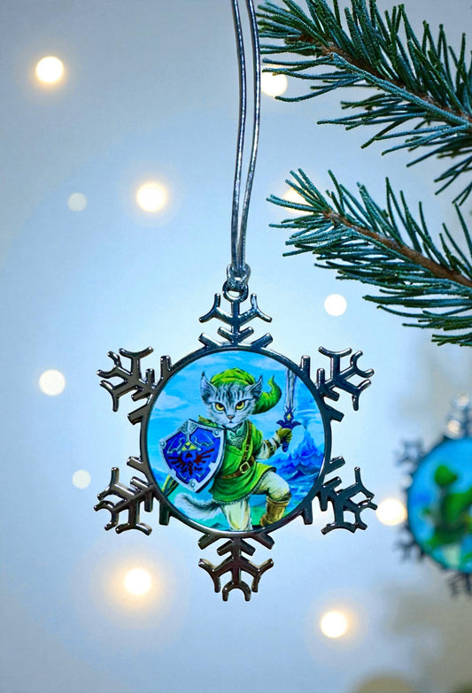 ORNAMENT 3"x 3" Silver Snowflake "Kitty Link" (Image on both sides)