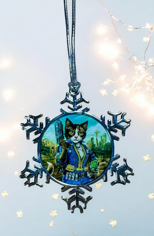 ORNAMENT 3"x 3" Silver Snowflake "Lucy Cat" (Image on both sides)