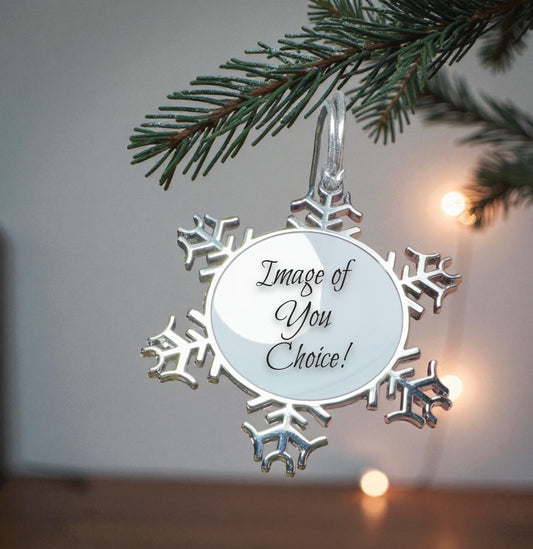 ORNAMENTS 3"x 3" Silver Snowflake Image of Your Choice! *Pick any image from my entire shop* (Image on both sides) See Directions Below