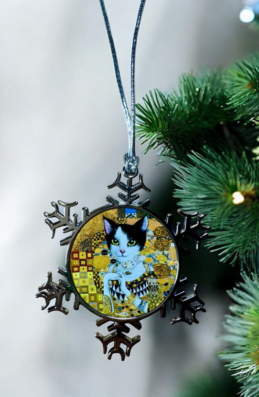 ORNAMENT 3"x 3" Silver Snowflake "JCat in Gold" (Image on both sides)