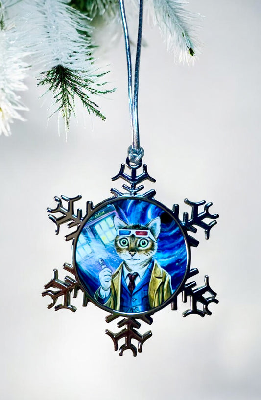 ORNAMENT 3"x 3" Silver Snowflake "Doctor Mew" (Image on both sides)