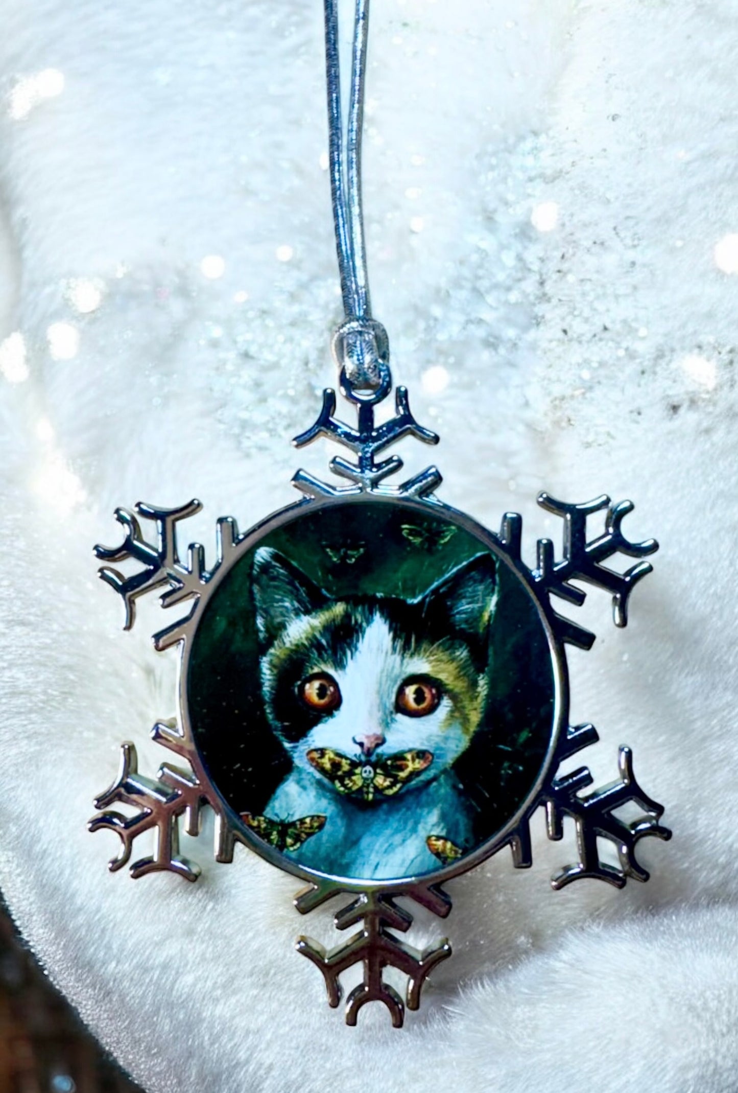 ORNAMENT 3"x 3" Silver Snowflake "Silence if The Cats" (Image on both sides)
