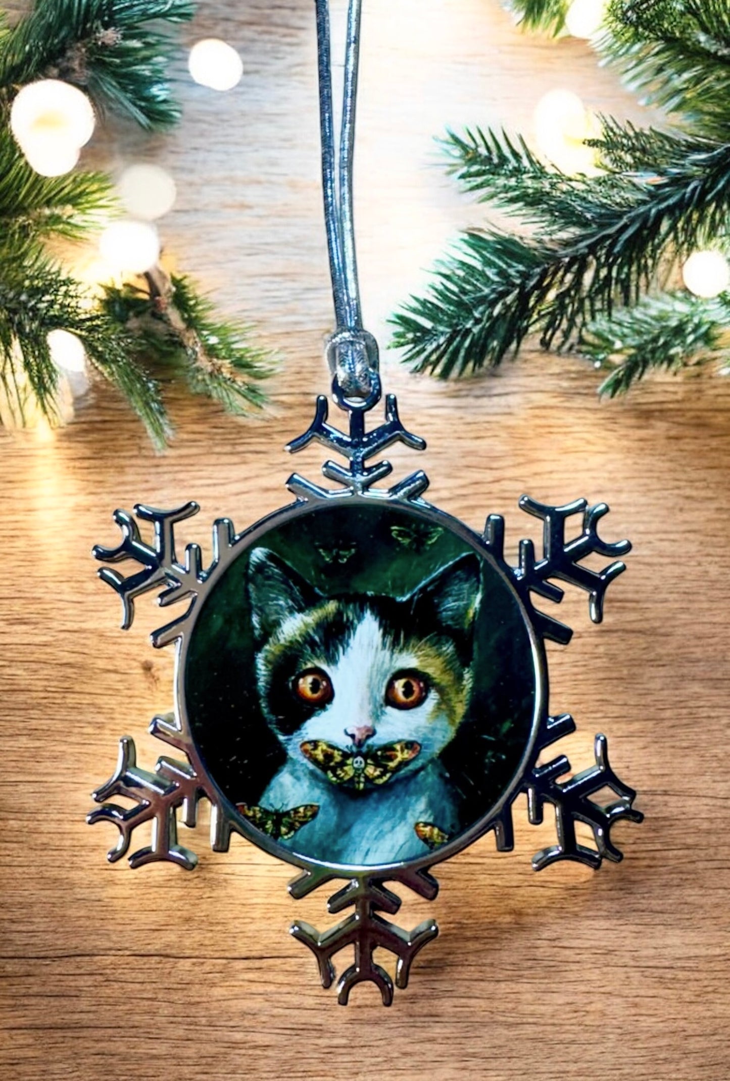 ORNAMENT 3"x 3" Silver Snowflake "Silence if The Cats" (Image on both sides)