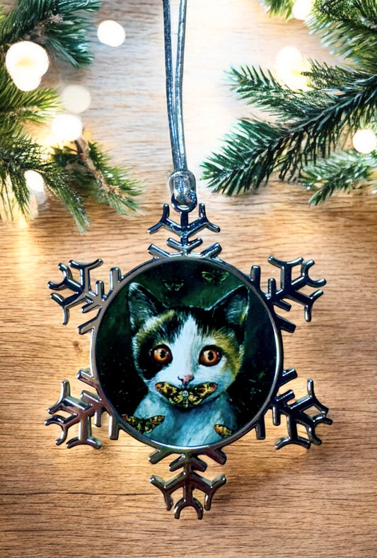 ORNAMENT 3"x 3" Silver Snowflake "Silence if The Cats" (Image on both sides)