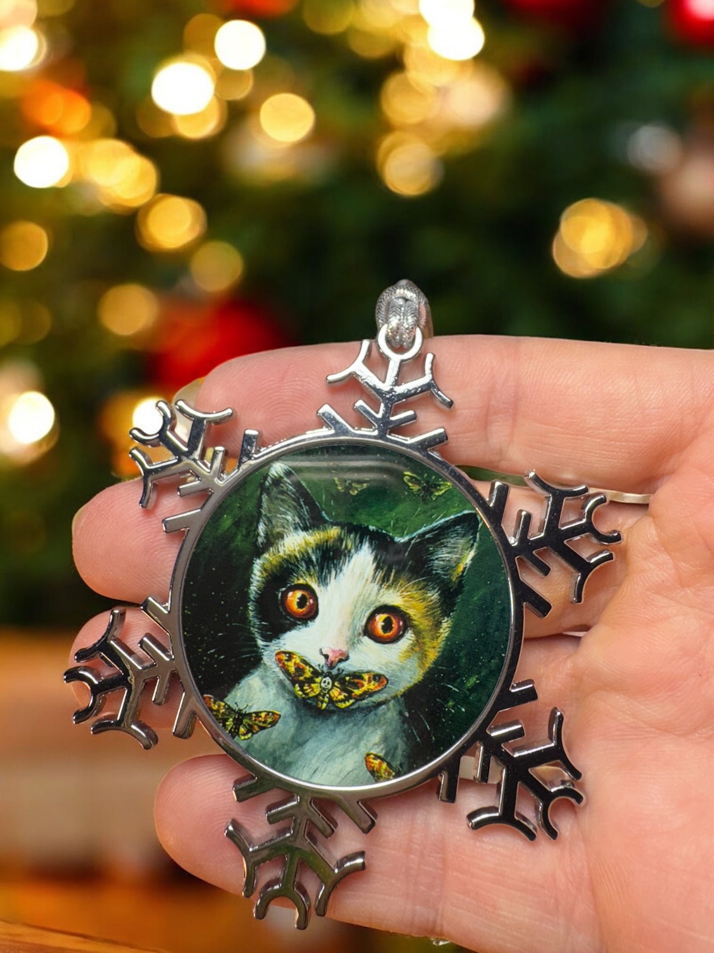ORNAMENT 3"x 3" Silver Snowflake "Silence if The Cats" (Image on both sides)