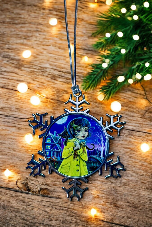 ORNAMENT 3"x 3" Silver Snowflake "Coraline and Her cat" (Image on both sides)