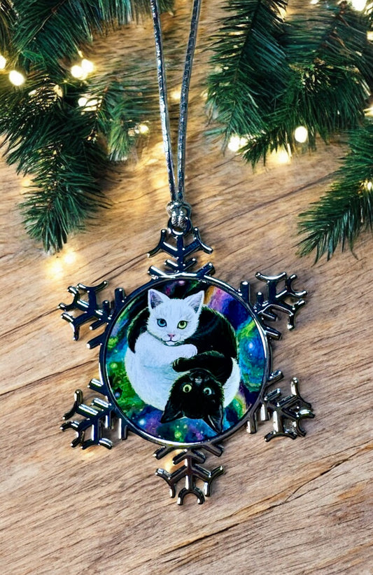 ORNAMENT 3"x 3" Silver Snowflake "Purrfect harmony" (Image on both sides)