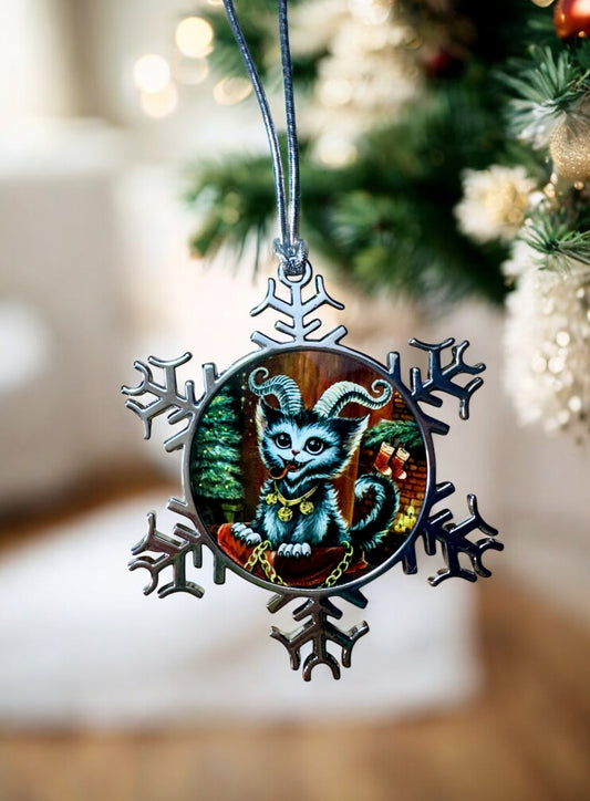 ORNAMENT 3"x 3" Silver Snowflake "Kitty Krampus" (Image on both sides)