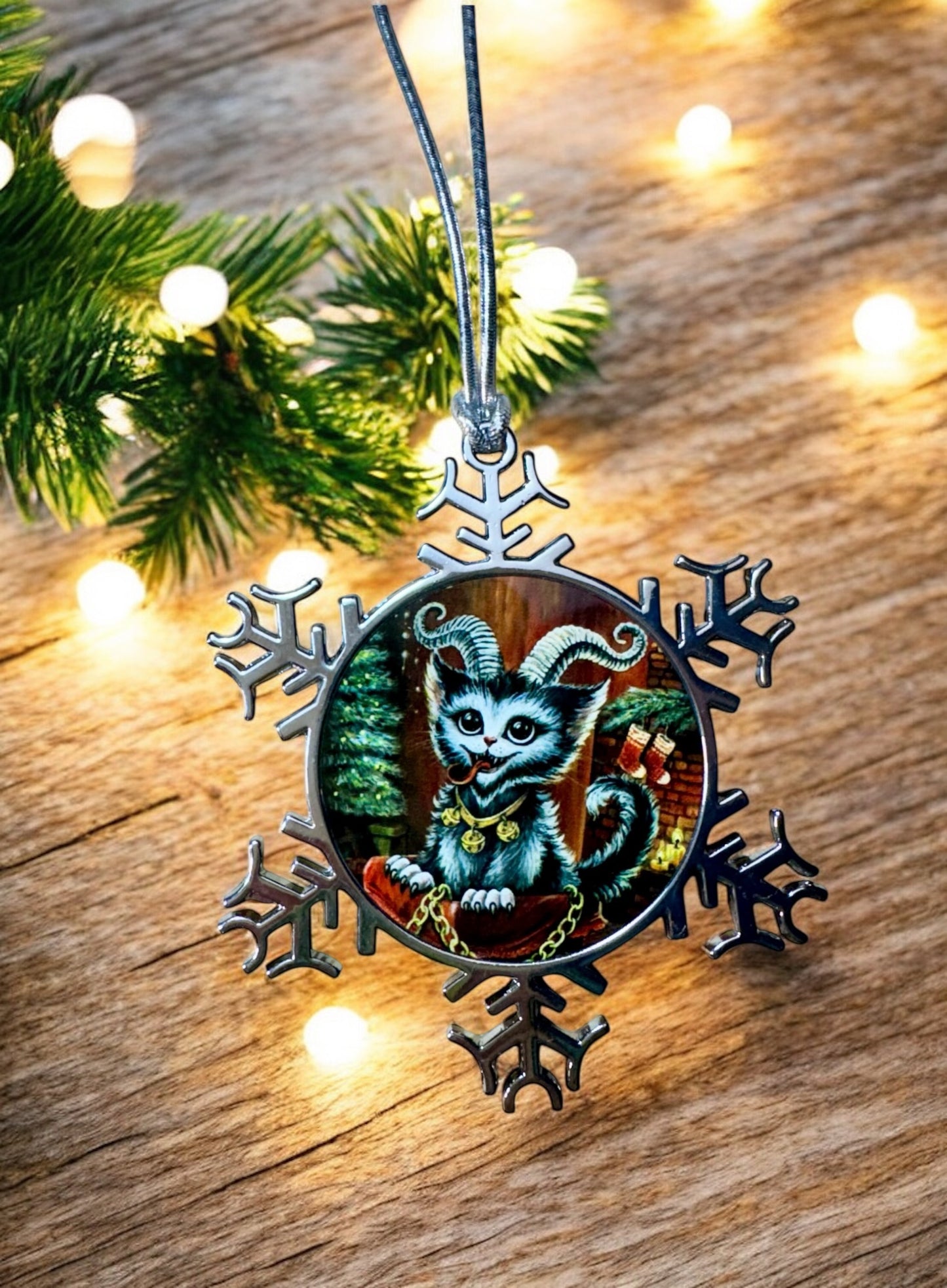 ORNAMENT 3"x 3" Silver Snowflake "Kitty Krampus" (Image on both sides)
