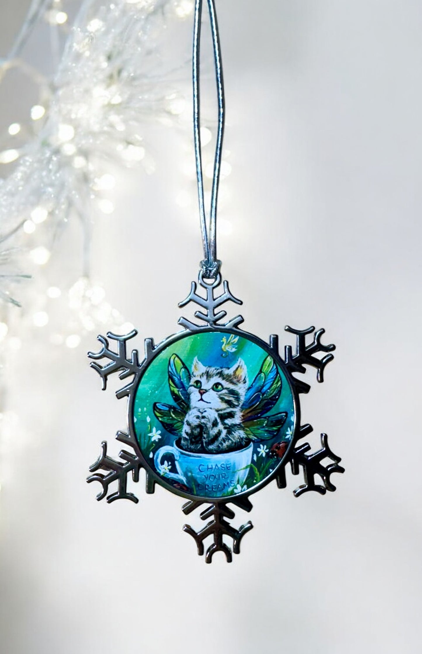 ORNAMENT 3"x 3" Silver Snowflake "Chaise Your Dreams!"