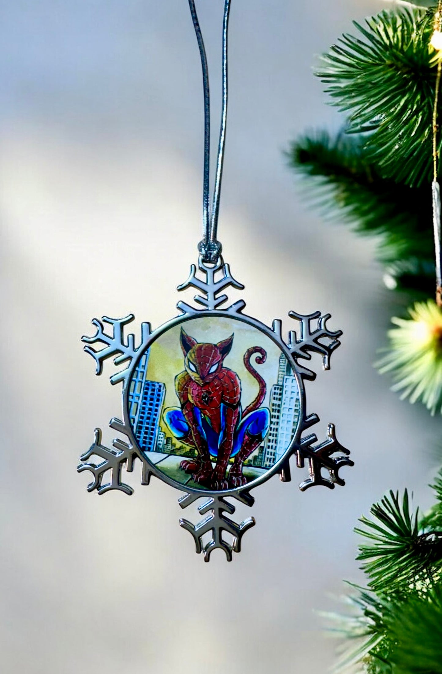 ORNAMENT 3"x 3" Silver Snowflake "Spider Cat"