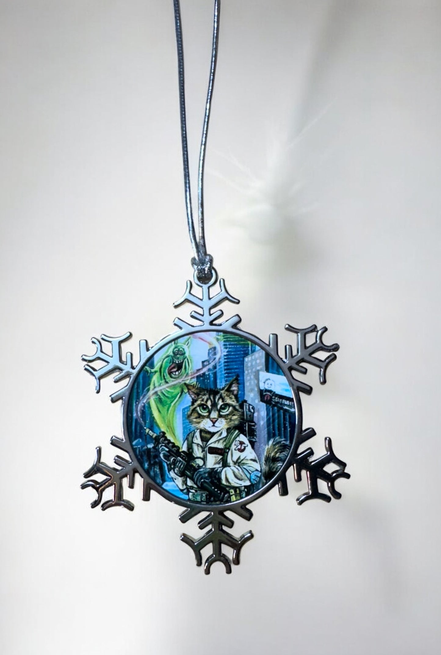 ORNAMENT 3"x 3" Silver Snowflake "Ghostbuster Cat"