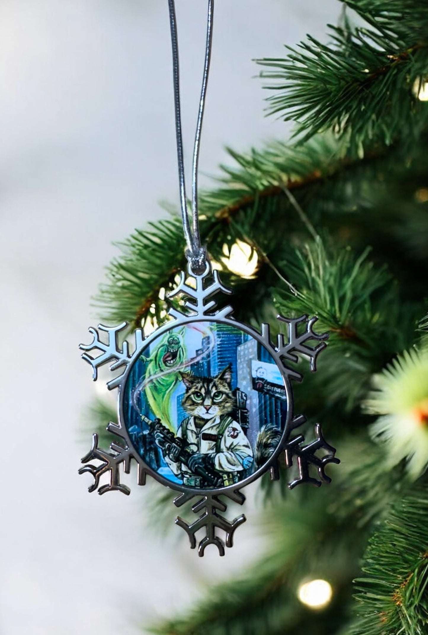 ORNAMENT 3"x 3" Silver Snowflake "Ghostbuster Cat"