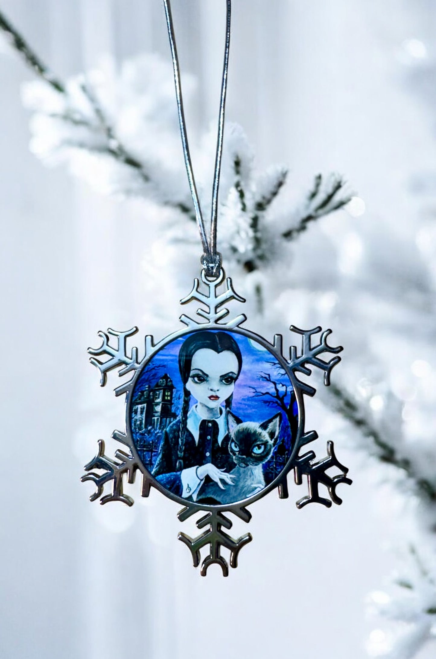 ORNAMENT 3"x 3" Silver Snowflake "Wednesday and Her Cat Thursday"