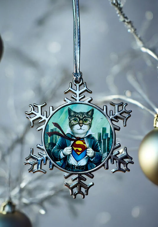 ORNAMENT 3"x 3" Silver Snowflake "The Cat of Steel" (Image on both sides)