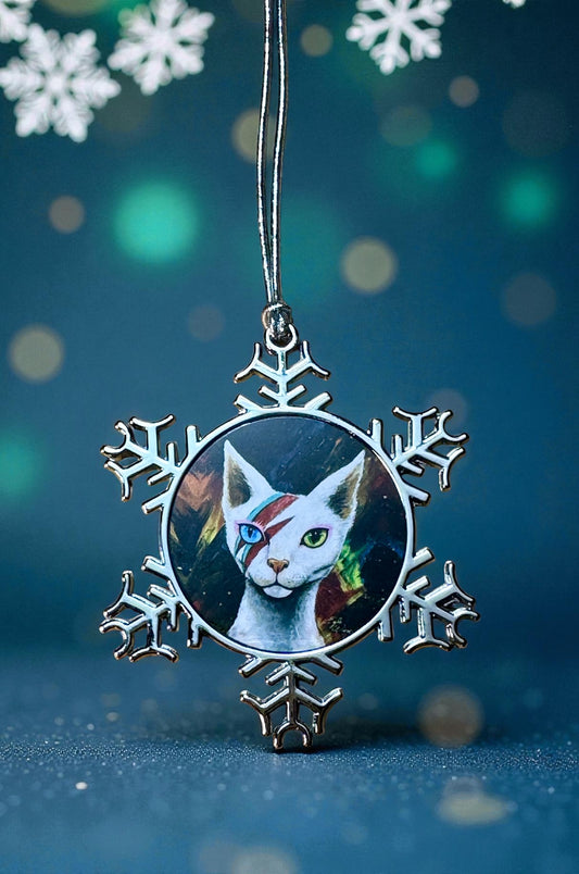 ORNAMENT 3"x 3" Silver Snowflake "Ziggy Starpaws" (Image on both sides)