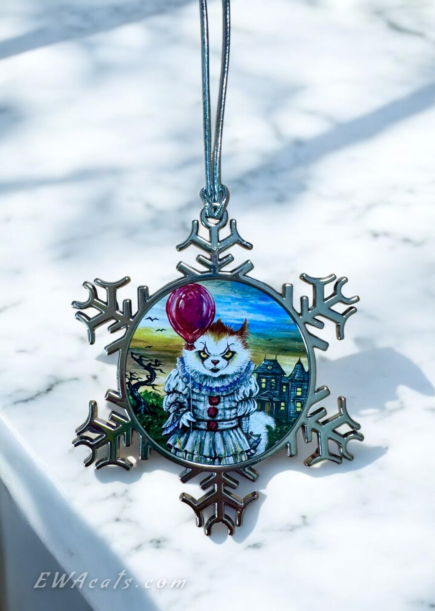 ORNAMENT 3"x 3" Silver Snowflake "KittyWise" (Image on both sides)