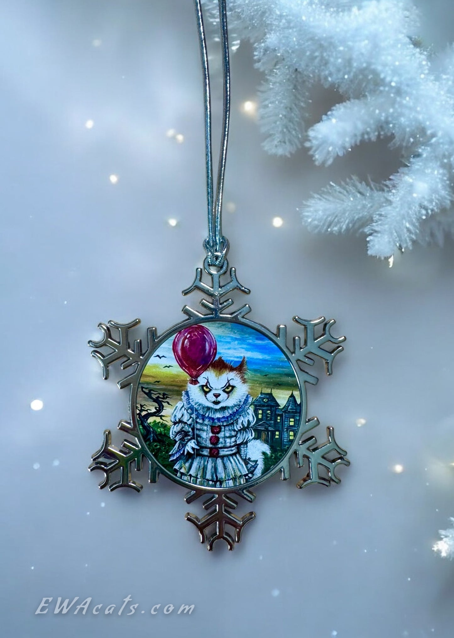 ORNAMENT 3"x 3" Silver Snowflake "KittyWise" (Image on both sides)