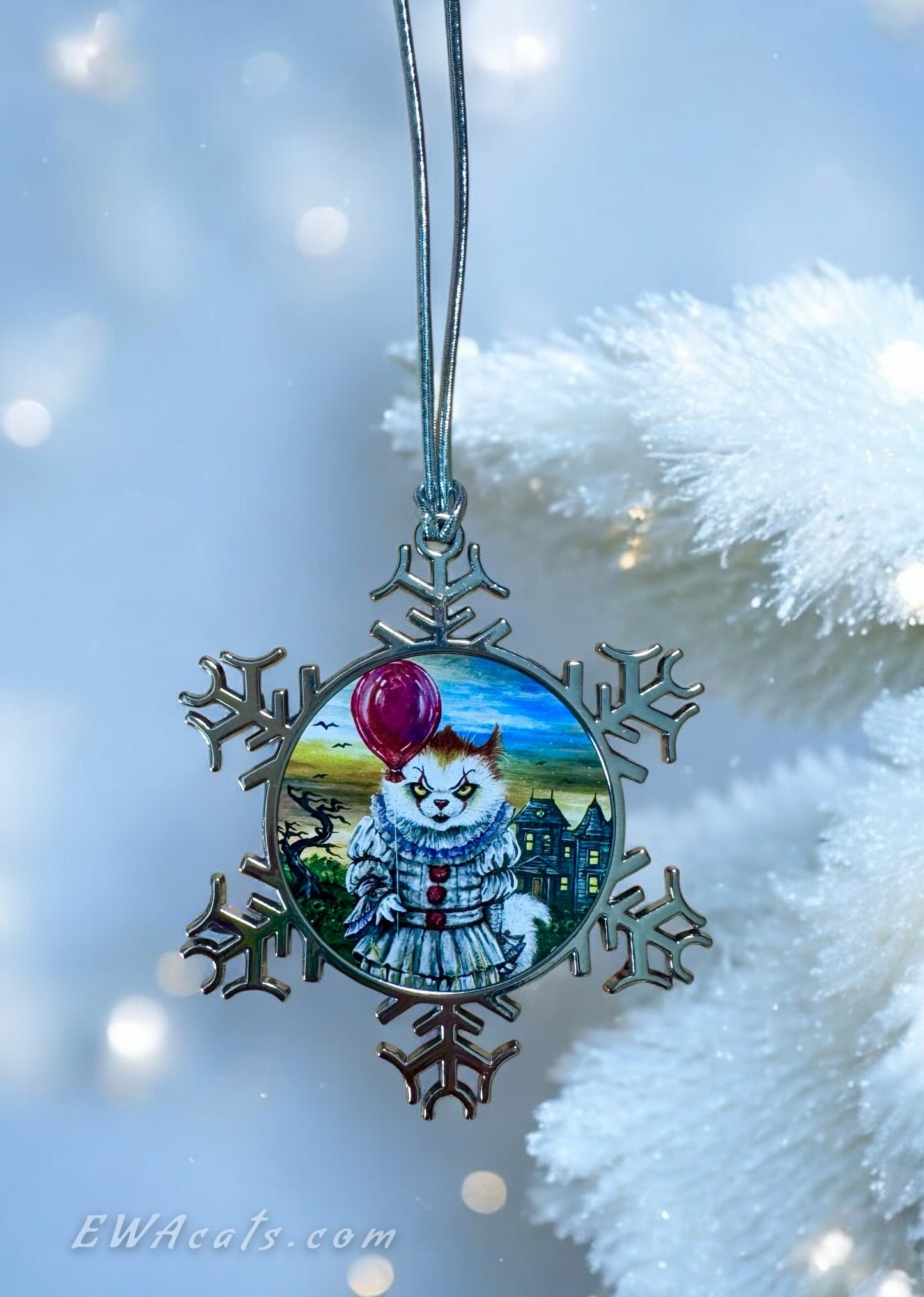 ORNAMENT 3"x 3" Silver Snowflake "KittyWise" (Image on both sides)