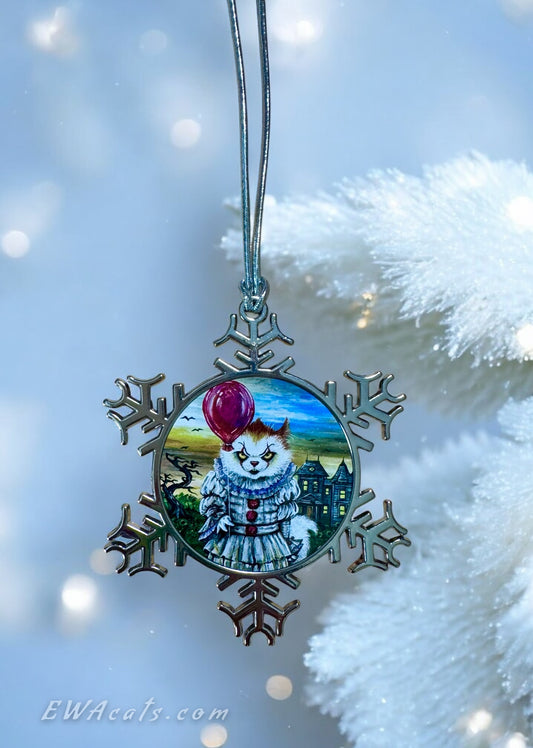 ORNAMENT 3"x 3" Silver Snowflake "KittyWise" (Image on both sides)