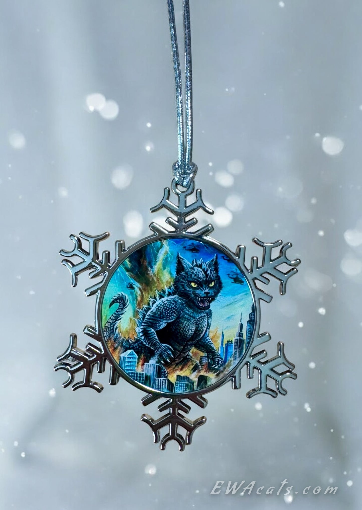 ORNAMENT 3"x 3" Silver Snowflake "Catzilla" (Image on both sides)