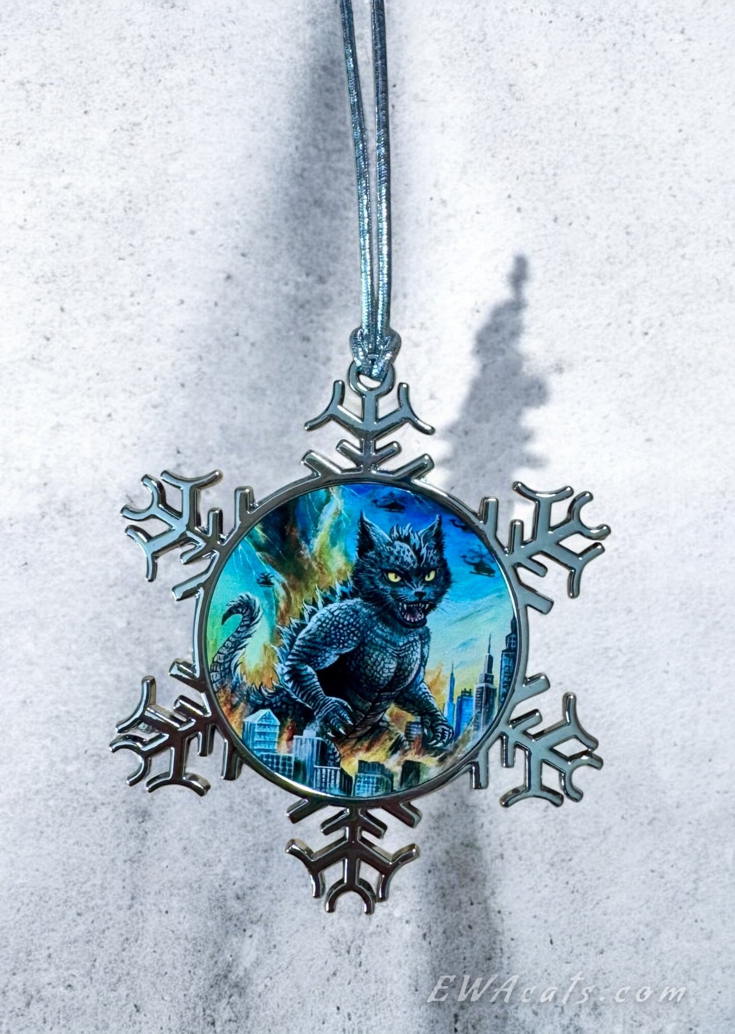 ORNAMENT 3"x 3" Silver Snowflake "Catzilla" (Image on both sides)