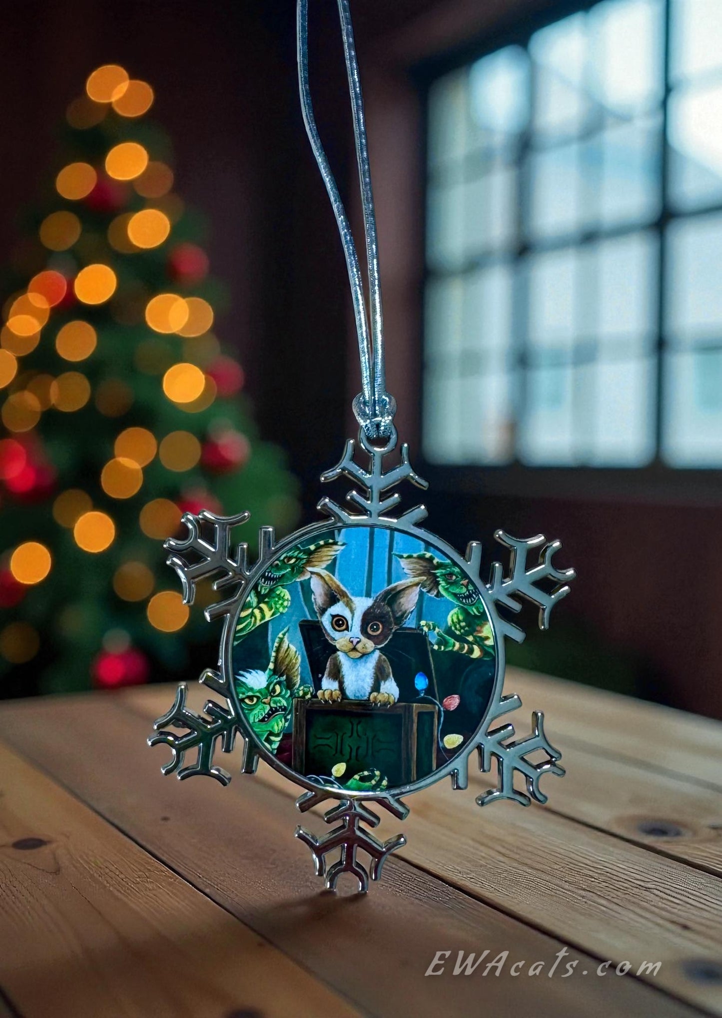 ORNAMENT 3"x 3" Silver Snowflake "Furry Gremlins" (Image on both sides)