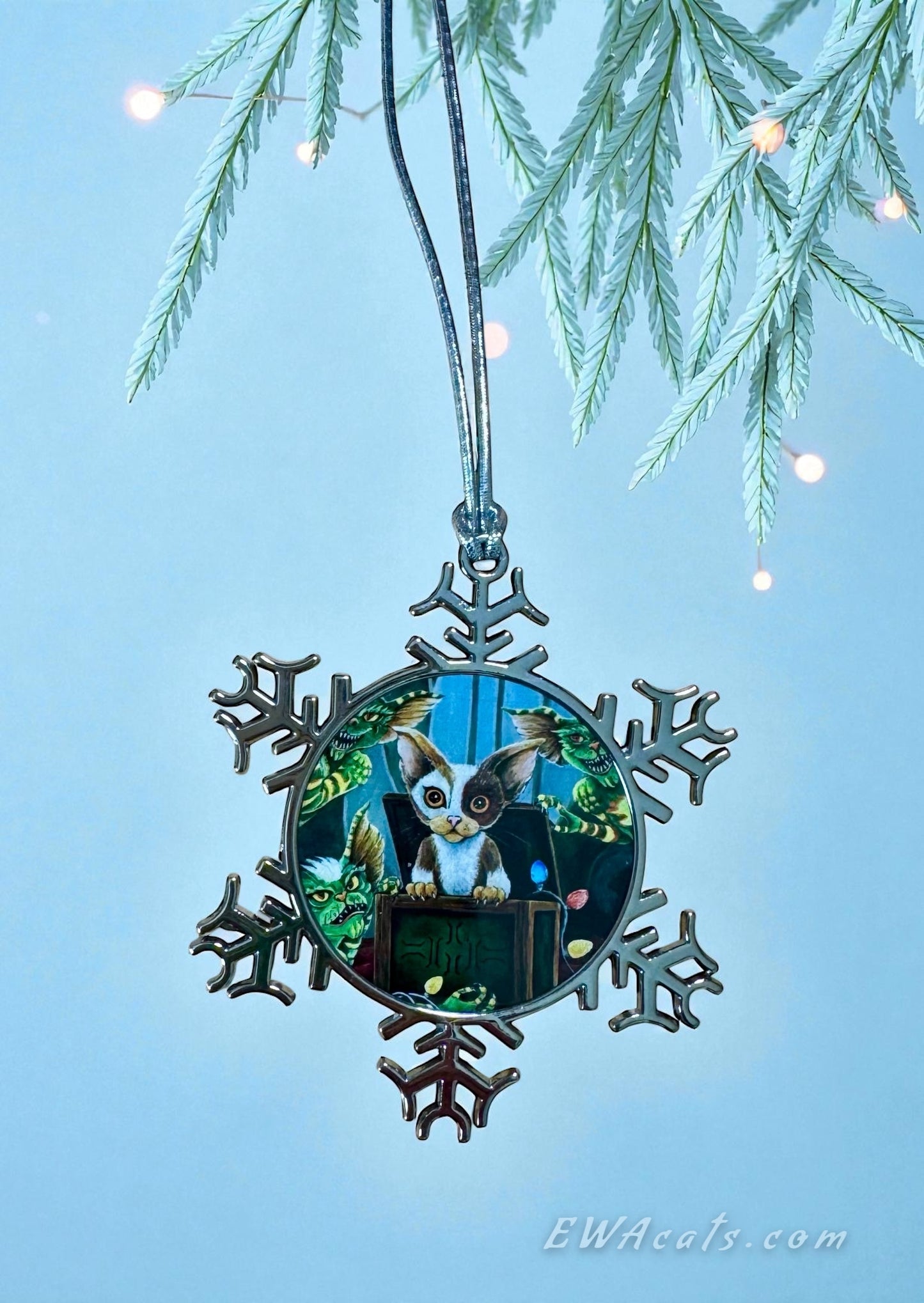 ORNAMENT 3"x 3" Silver Snowflake "Furry Gremlins" (Image on both sides)