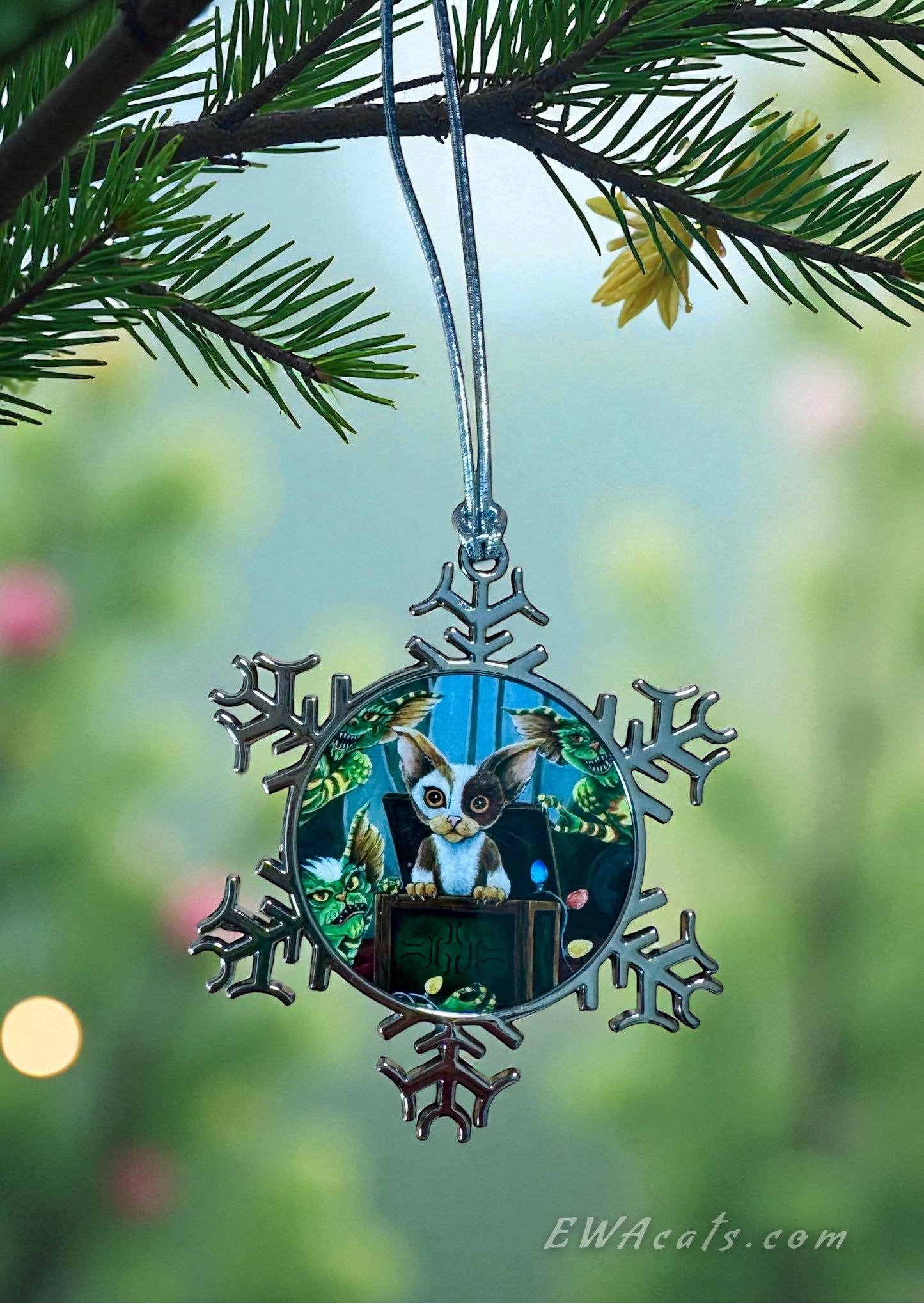 ORNAMENT 3"x 3" Silver Snowflake "Furry Gremlins" (Image on both sides)