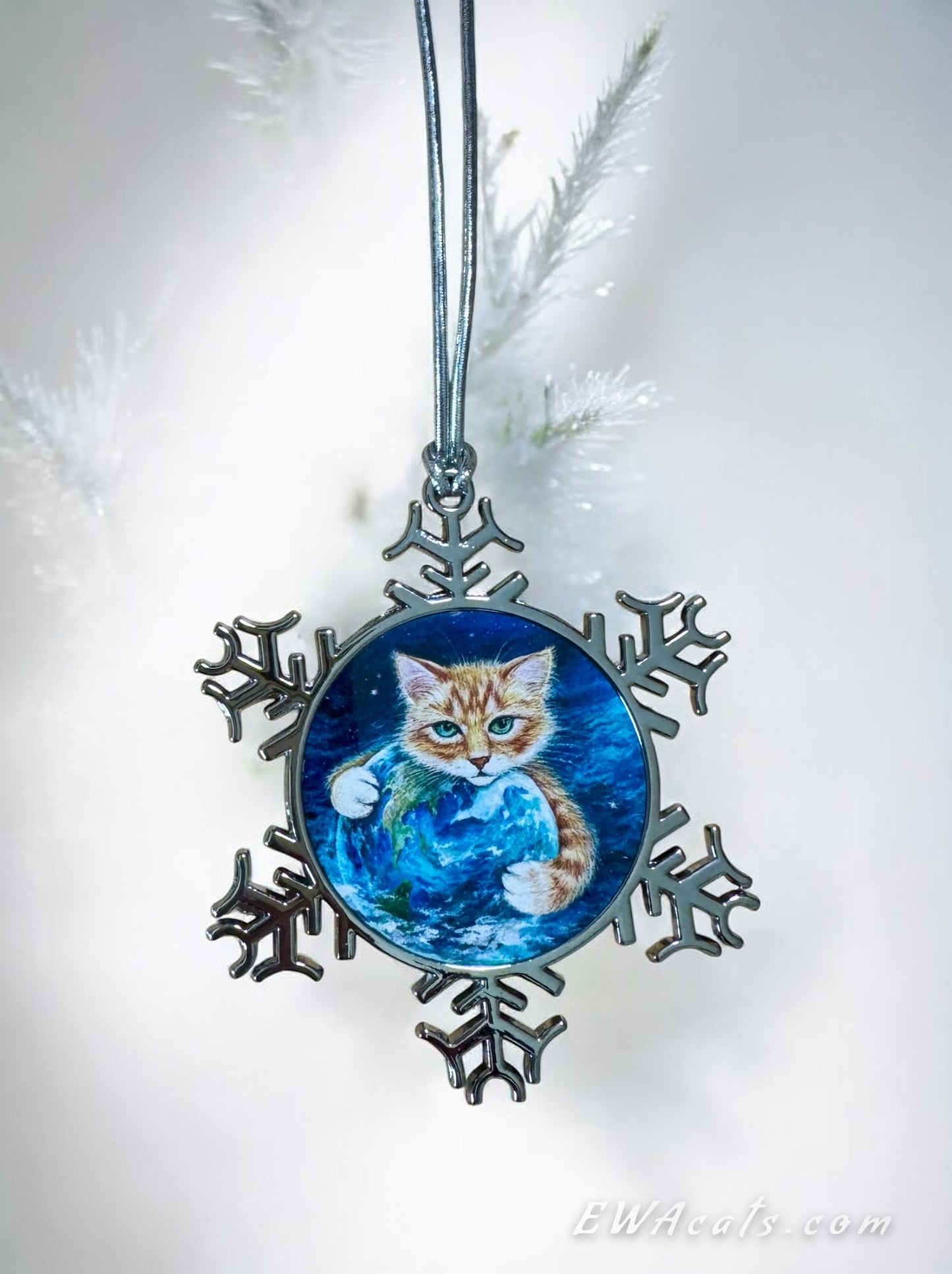ORNAMENT 3"x 3" Silver Snowflake "It's a Cat's world" (Image on both sides)