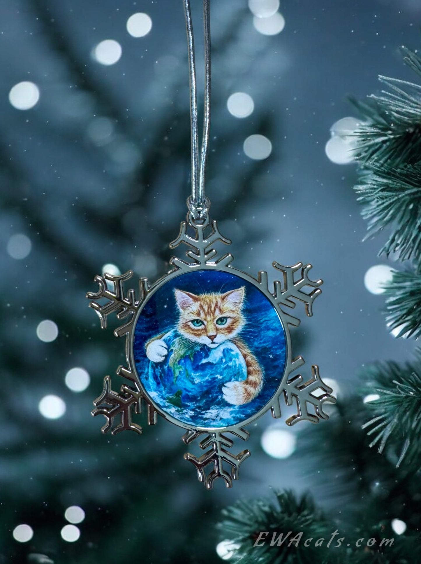 ORNAMENT 3"x 3" Silver Snowflake "It's a Cat's world" (Image on both sides)