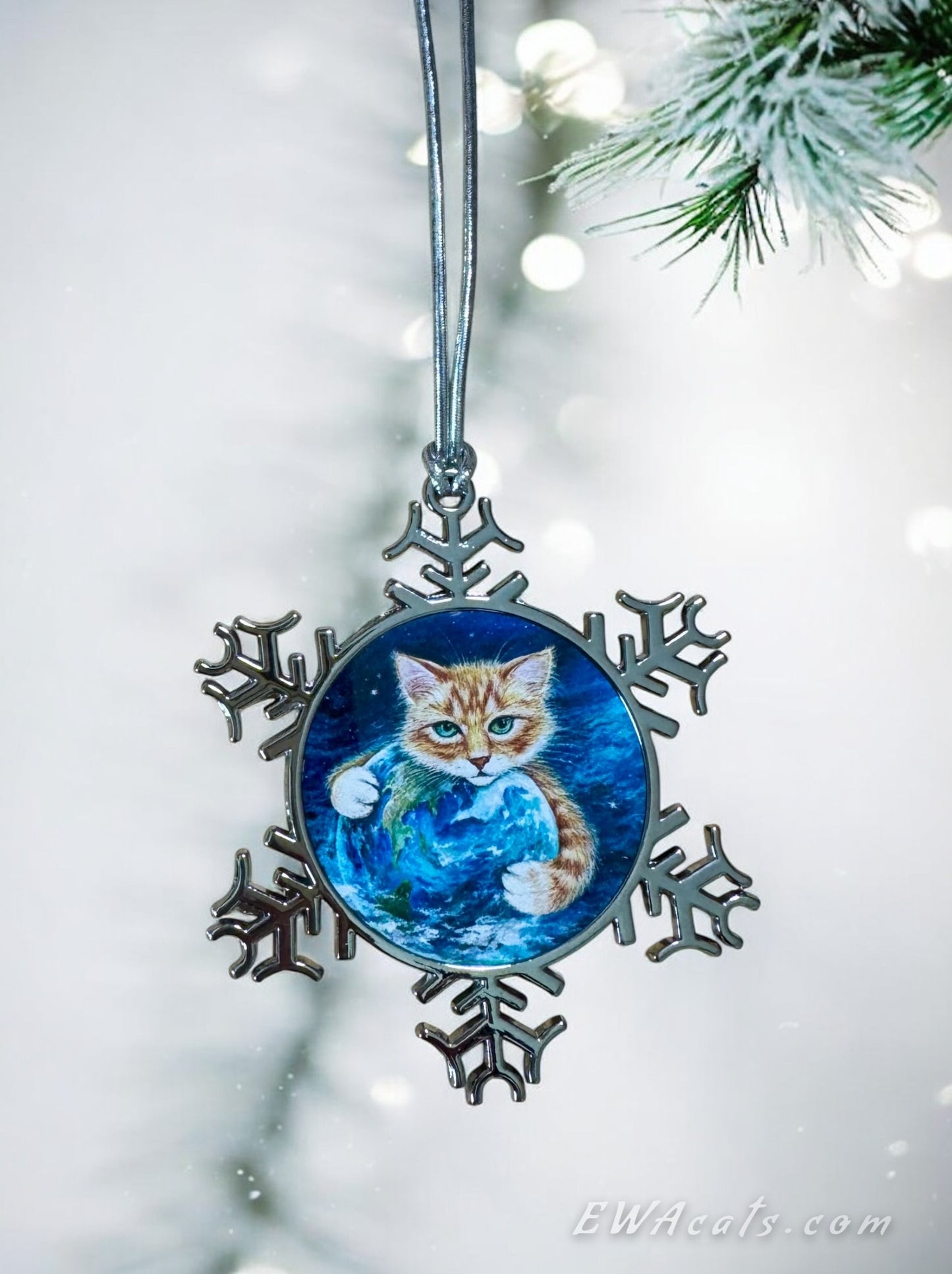 ORNAMENT 3"x 3" Silver Snowflake "It's a Cat's world" (Image on both sides)