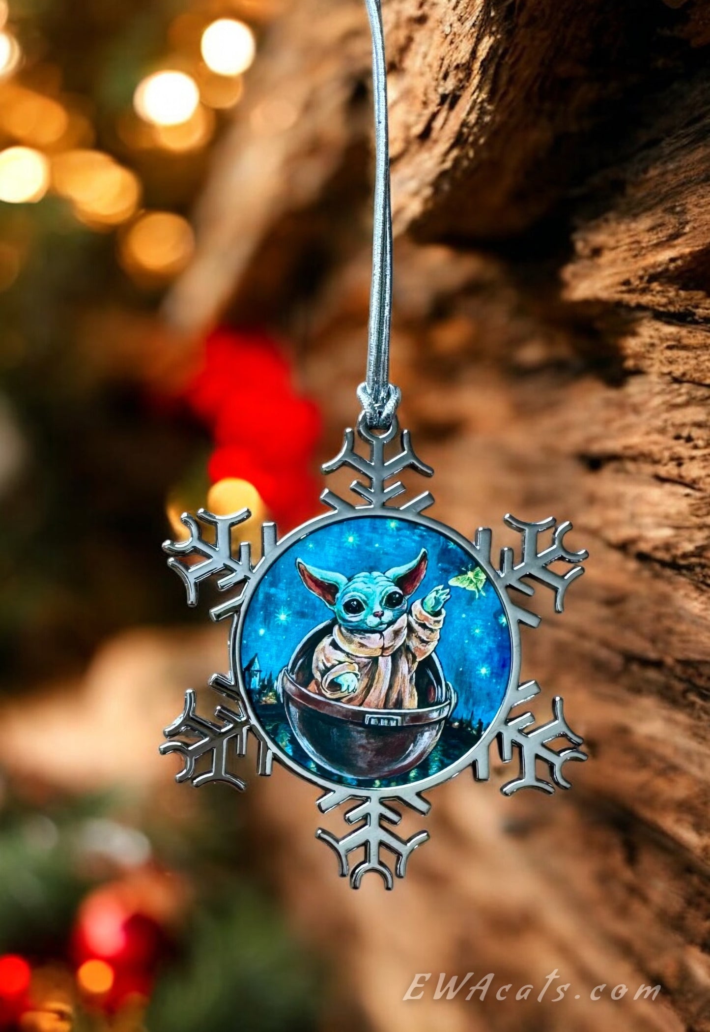 ORNAMENT 3"x 3" Silver Snowflake "Kitty Yoda" (Image on both sides)