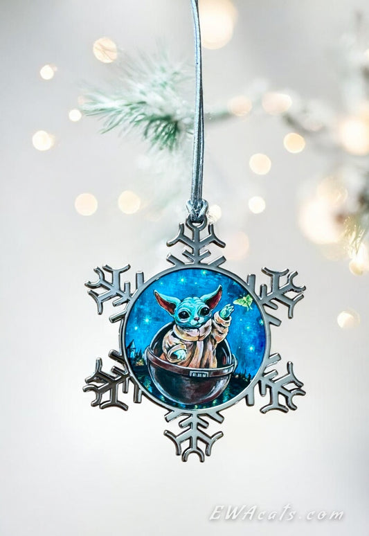 ORNAMENT 3"x 3" Silver Snowflake "Kitty Yoda" (Image on both sides)