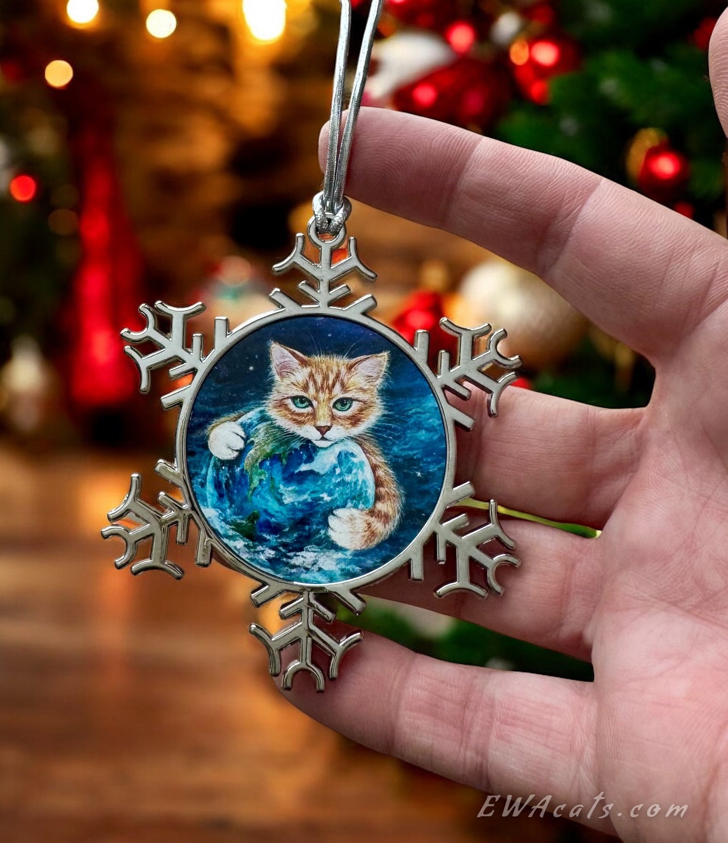 ORNAMENT 3"x 3" Silver Snowflake "It's a Cat's world" (Image on both sides)