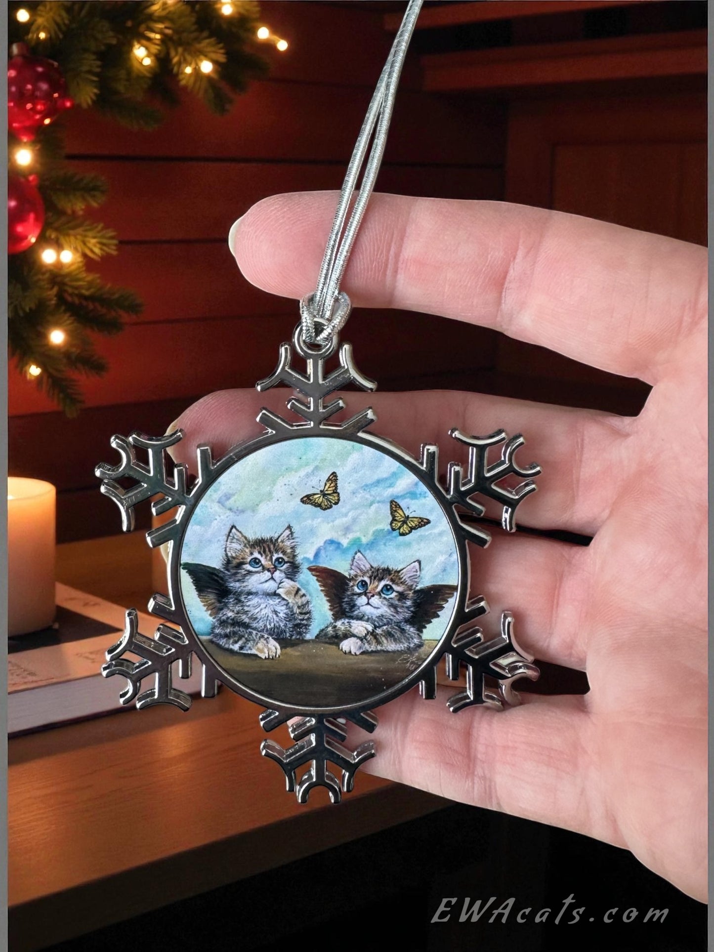 ORNAMENT 3"x 3" Silver Snowflake "The Sistine Kittens" (Image on both sides)