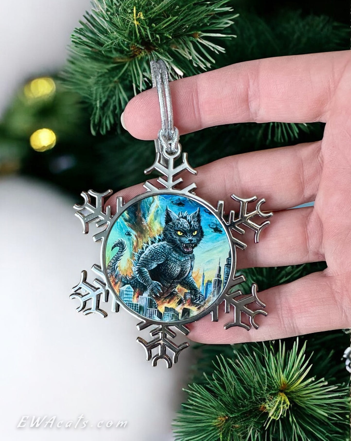 ORNAMENT 3"x 3" Silver Snowflake "Catzilla" (Image on both sides)