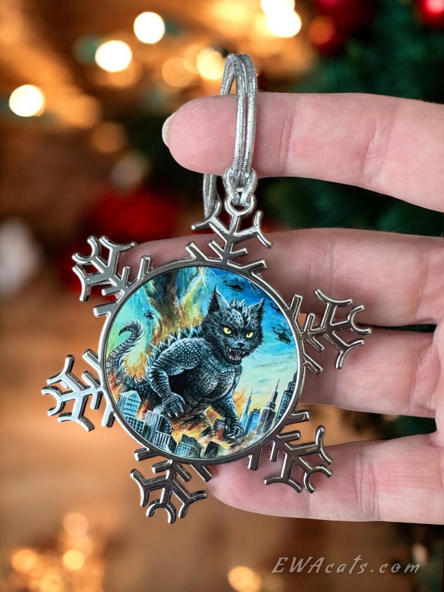 ORNAMENT 3"x 3" Silver Snowflake "Catzilla" (Image on both sides)