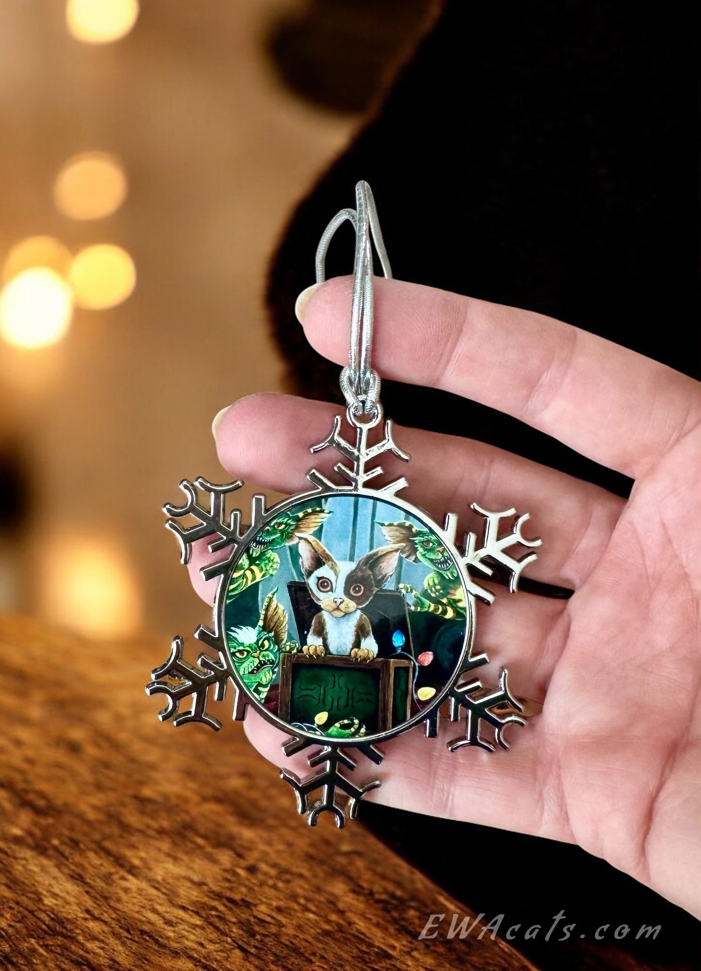 ORNAMENT 3"x 3" Silver Snowflake "Furry Gremlins" (Image on both sides)