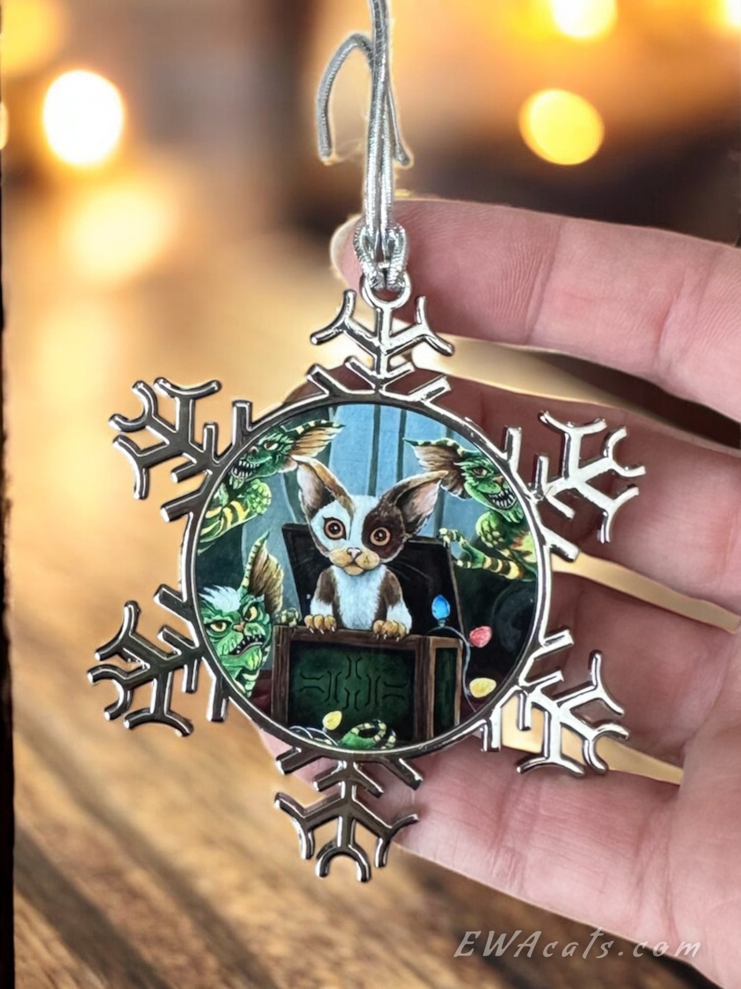 ORNAMENT 3"x 3" Silver Snowflake "Furry Gremlins" (Image on both sides)