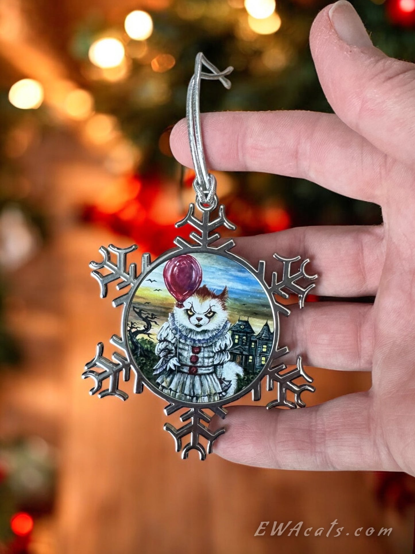 ORNAMENT 3"x 3" Silver Snowflake "KittyWise" (Image on both sides)