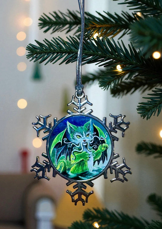 ORNAMENT 3"x 3" Silver Snowflake "Cathulhu" (Image on both sides)
