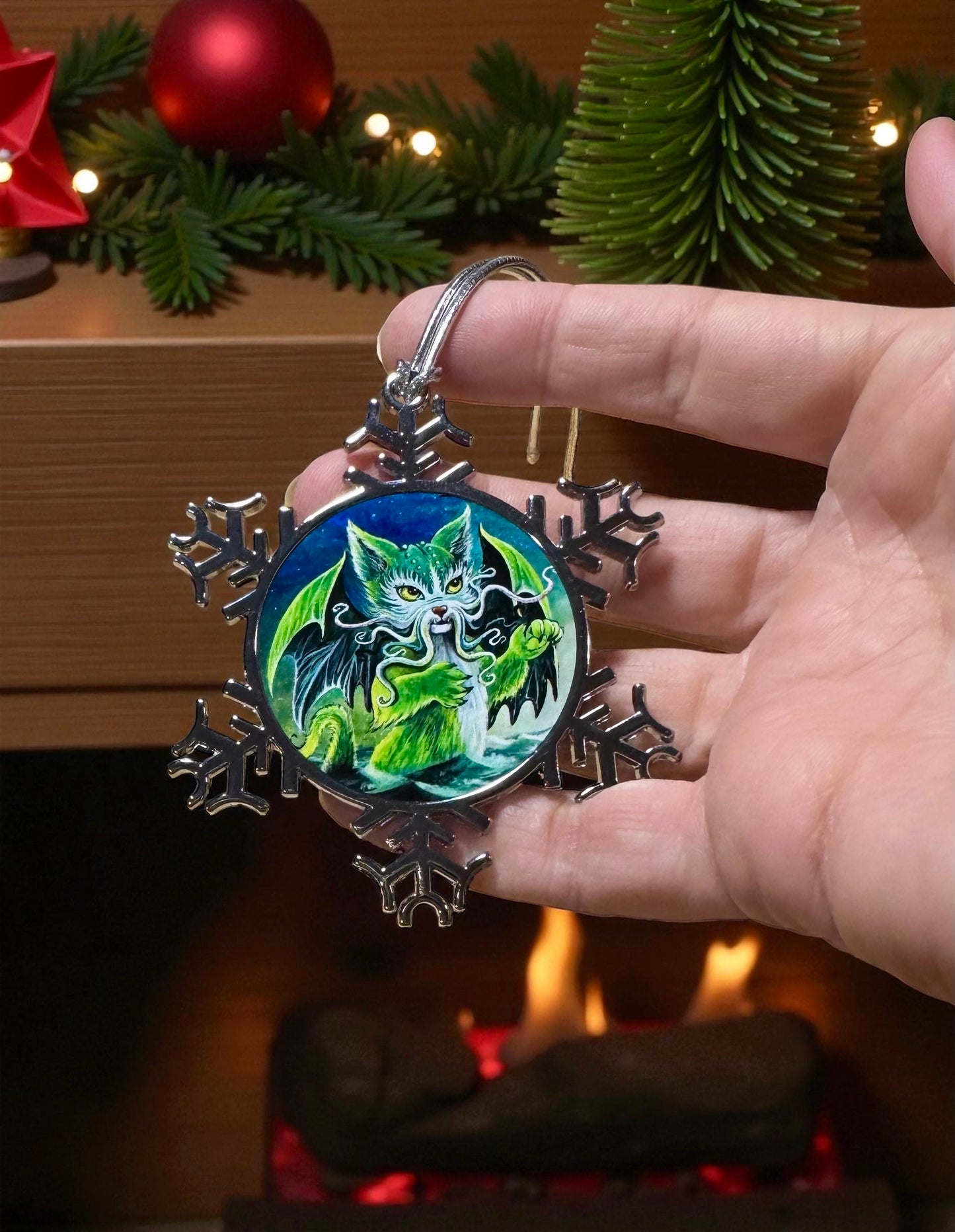 ORNAMENT 3"x 3" Silver Snowflake "Cathulhu" (Image on both sides)