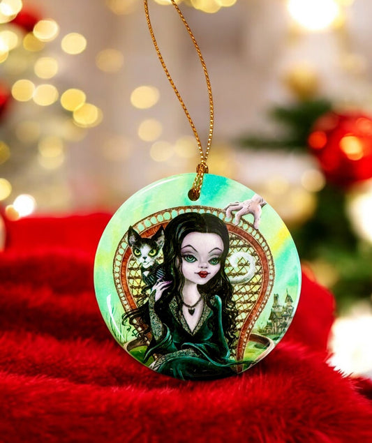 ORNAMENT Porcelain 3"x 3" Round "Morticia and Her Cat Gomez"