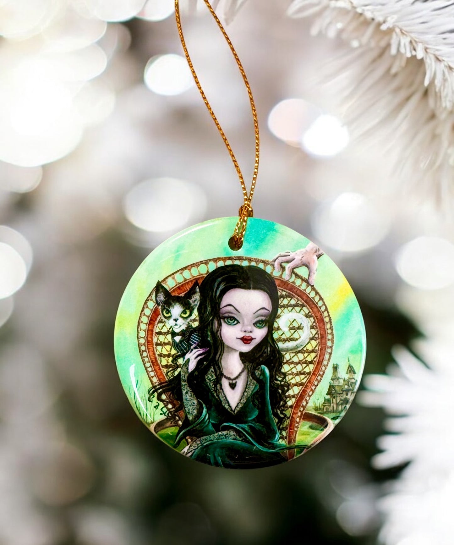 ORNAMENT Porcelain 3"x 3" Round "Morticia and Her Cat Gomez"