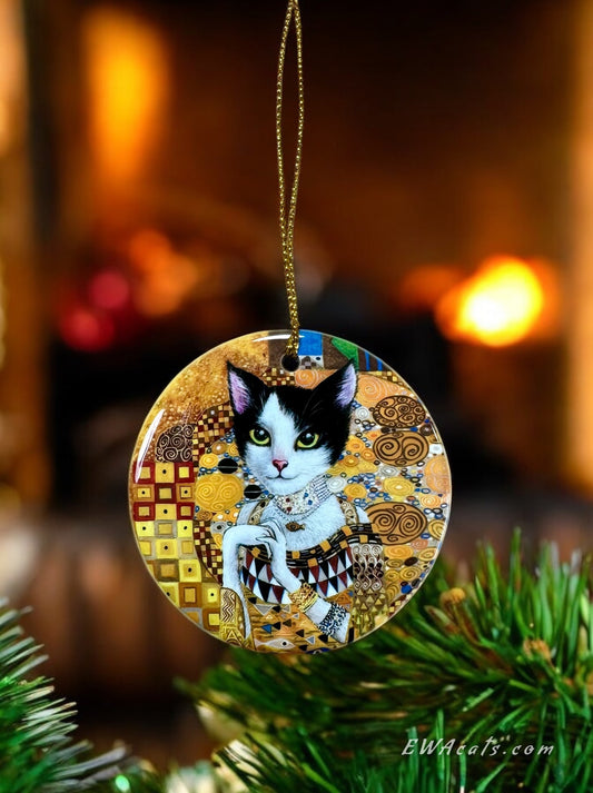 ORNAMENT Porcelain  3"x 3" Round "Cat in Gold"