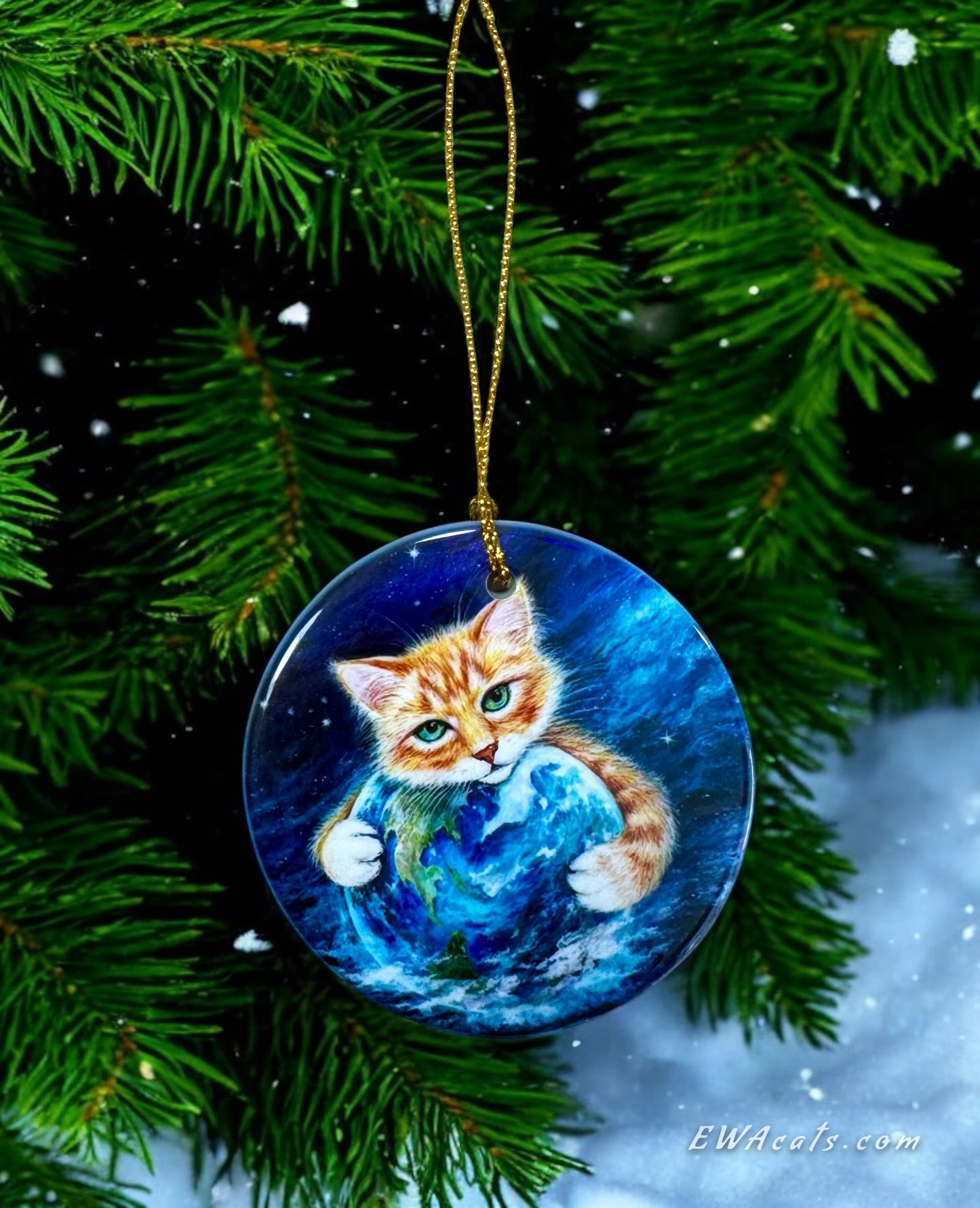 ORNAMENT Porcelain 3"x 3" Round "It's a Cat's World"